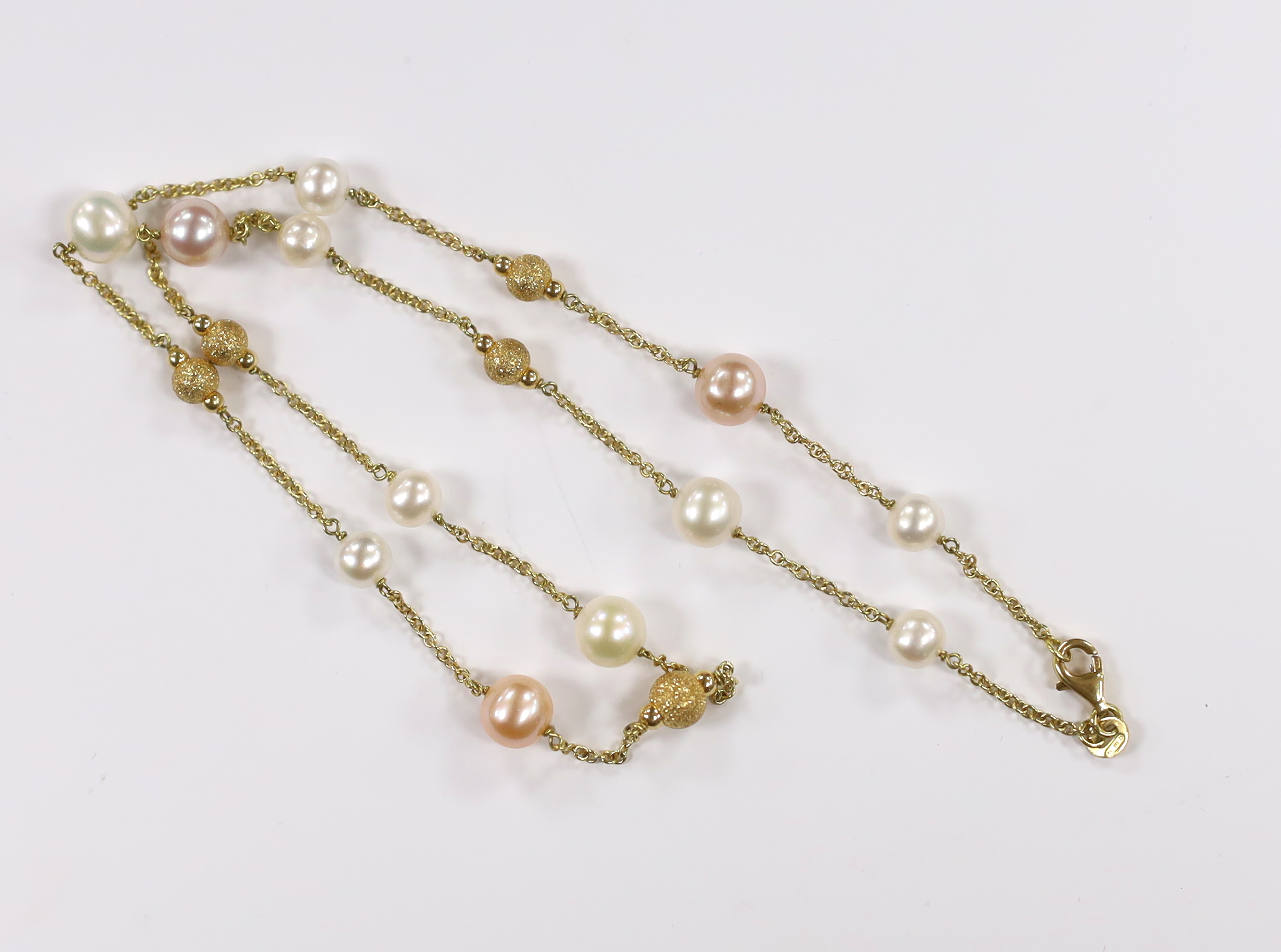 A modern Italian 18ct gold, twelve stone two colour cultured pearl and five gold sphere set necklace, 48cm, gross weight 13.4 grams.